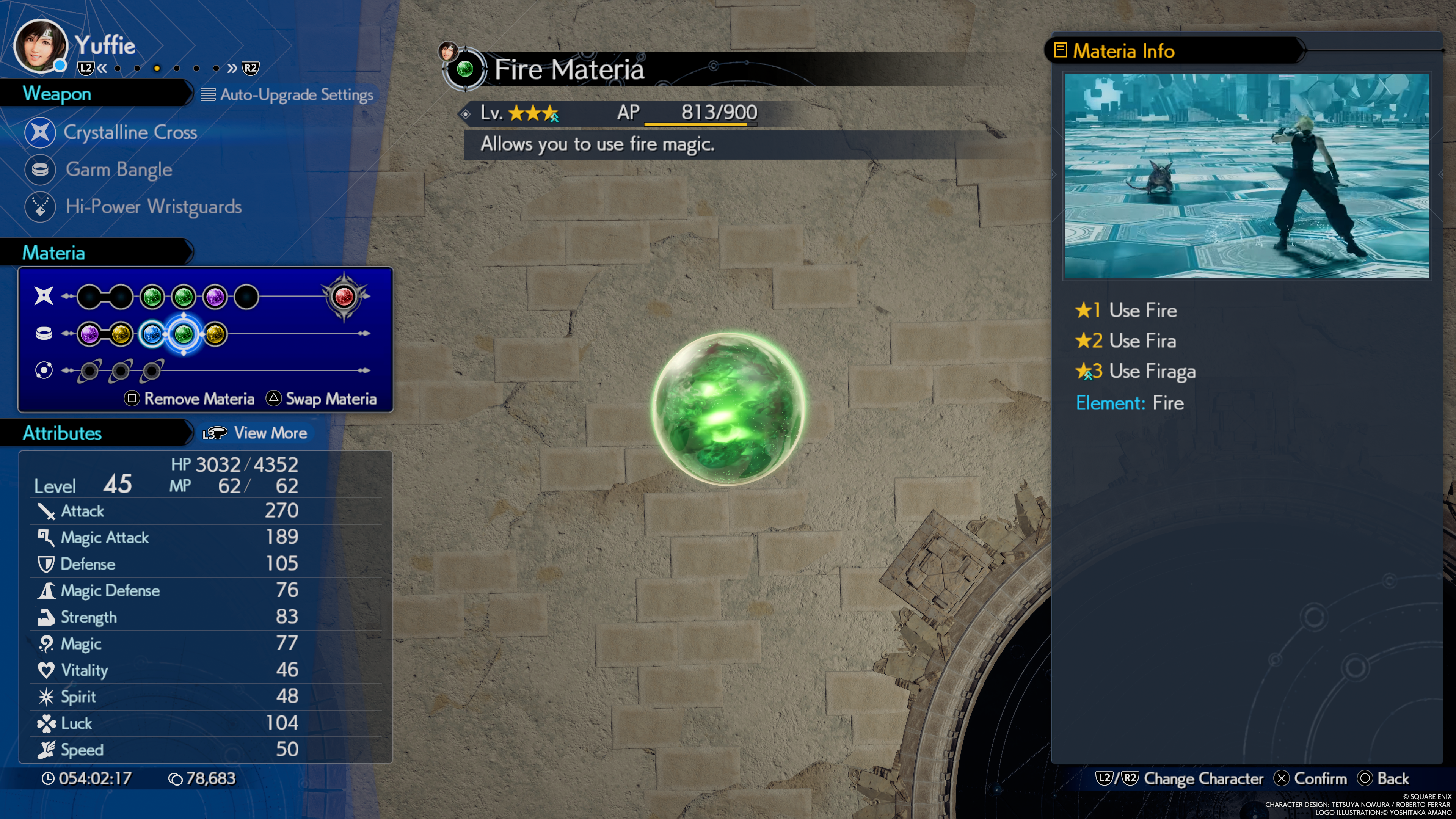 A menu in Final Fantasy 7 Rebirth showing stats for Fire Materia and the spells available with it.