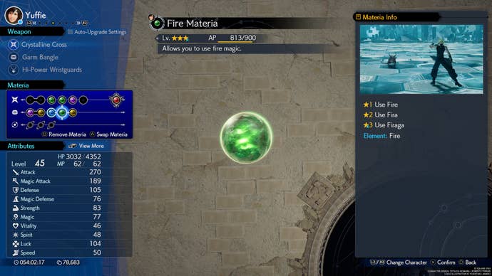 A menu in Final Fantasy 7 Rebirth showing stats for Fire Materia and the spells available with it.