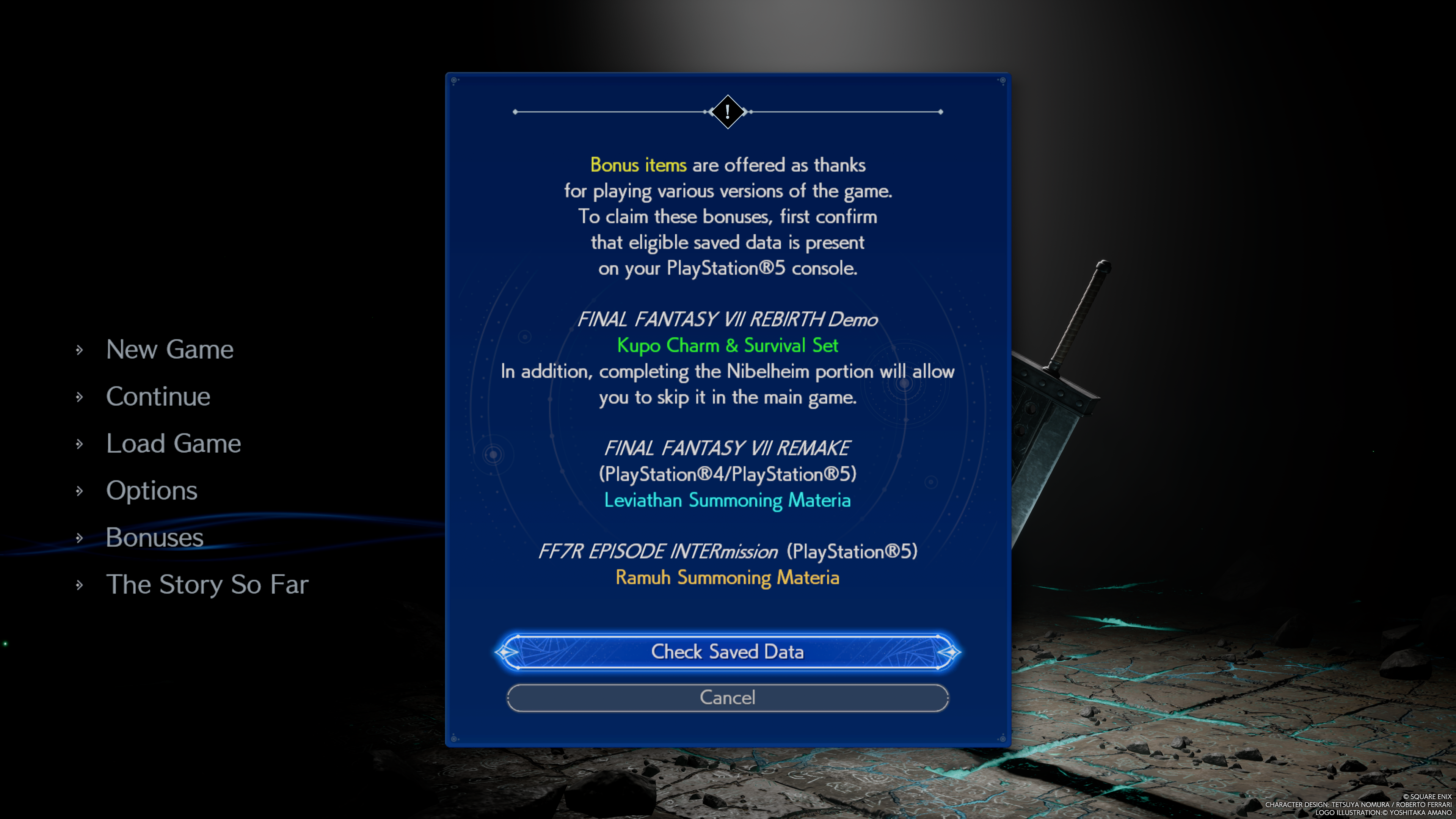 A menu screen in Final Fantasy 7 Rebirth which lets players unlock Summon Materia if they have saved data for other FF7 games.