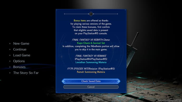 A menu screen in Final Fantasy 7 Rebirth which lets players unlock Summon Materia if they have saved data for other FF7 games.