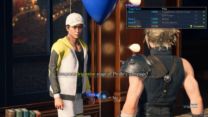 Cloud getting ready to play the Pirates' Rampage mini-game in Final Fantasy 7 Rebirth. The mini-game rewards players with the Time Materia.