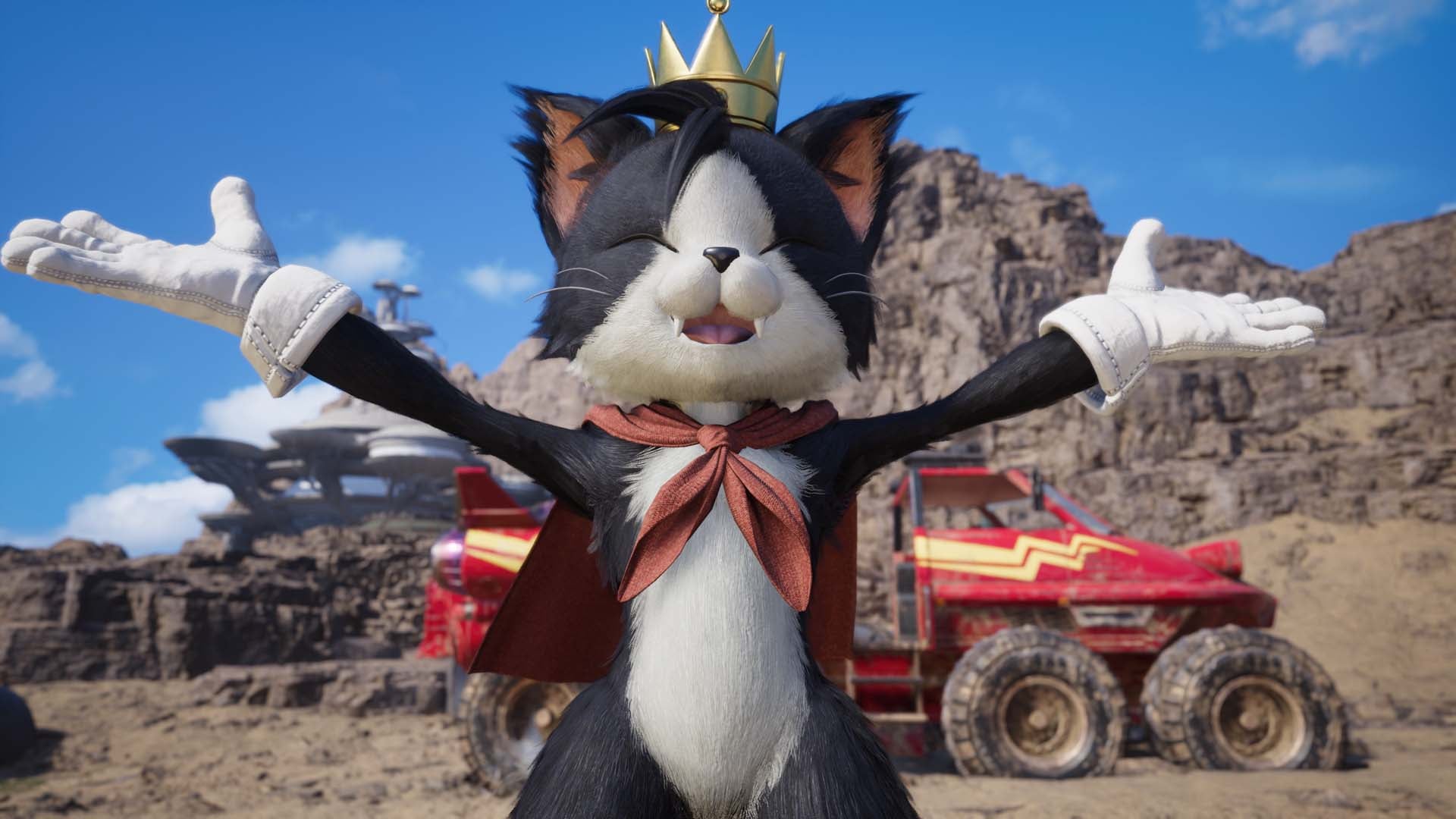 Cait Sith with his arms outstretched and with a happy look on his face in Final Fantasy 7 Rebirth.