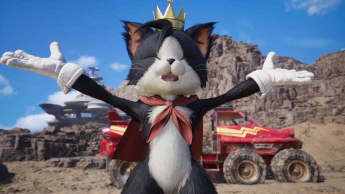 Cait Sith with his arms outstretched and with a happy look on his face in Final Fantasy 7 Rebirth.