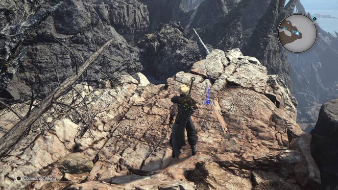 Cloud exploring Mt. Nibel, and standing by a cliff edge as he approaches the Warding Materia location in Final Fantasy 7 Rebirth.