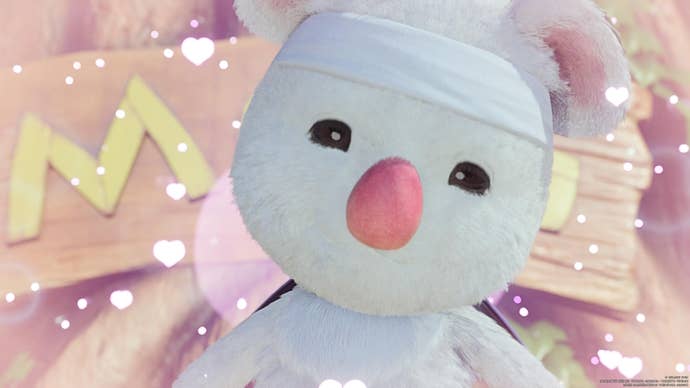 A Final Fantasy 7 Rebirth Moogle hovers in front of a mushroom while pink light emanates from them