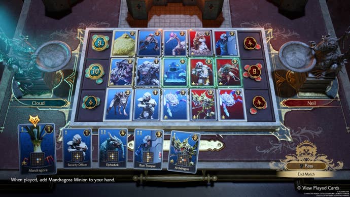 A FF7 Rebirth Queen’s Blood table, with a full board and the player character in the lead