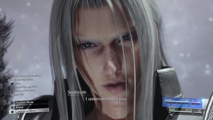 A close-up of Sephiroth during the final boss fight in Final Fantasy 7 Rebirth.