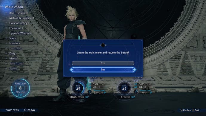 The main menu screen in Final Fantasy 7 Rebirth, showing the stats for Cloud and Zack.