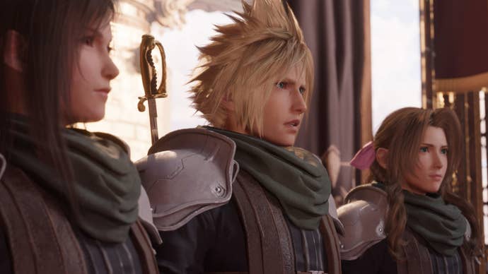 ff7 rebirth tifa cloud and aerith on the podium in junon parade