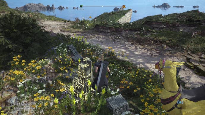 Cloud standing by a guidestone in FF7 Rebirth, which will help the player locate one of the Guardian Sanctuaries for the Titan Summon.