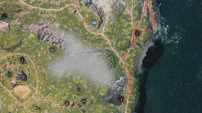 Map showing the path players have to take to find the first Titan Sanctuary in FF7 Rebirth.