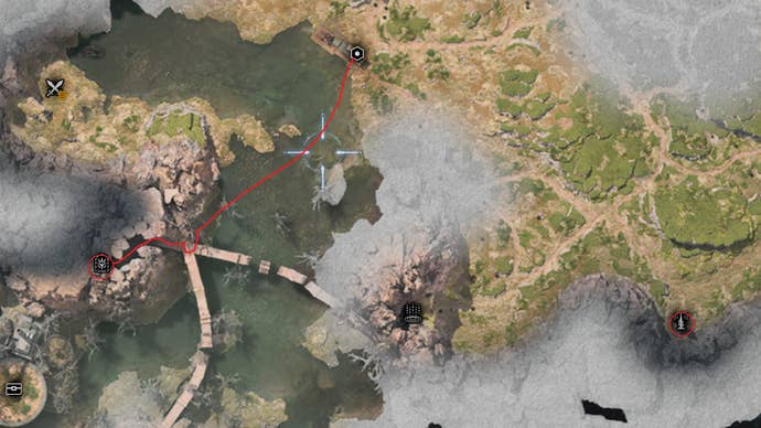 Map showing the path players have to take to find the second Titan Sanctuary in FF7 Rebirth.