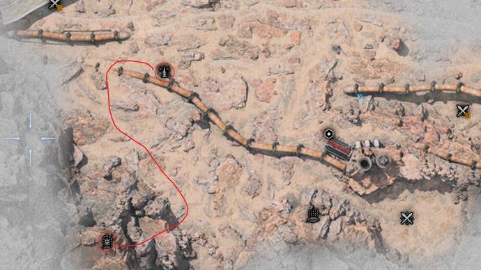 Map showing the path players have to take to find the third Titan Sanctuary in FF7 Rebirth.