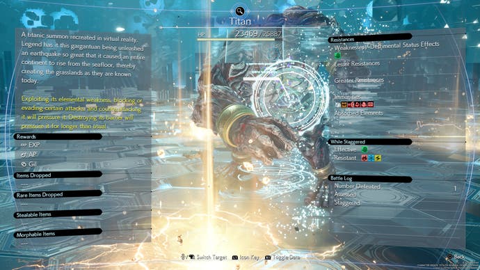 An in-game menu screen appears during the Titan Summon boss battle, showing its HP level, elemental weaknesses and more.
