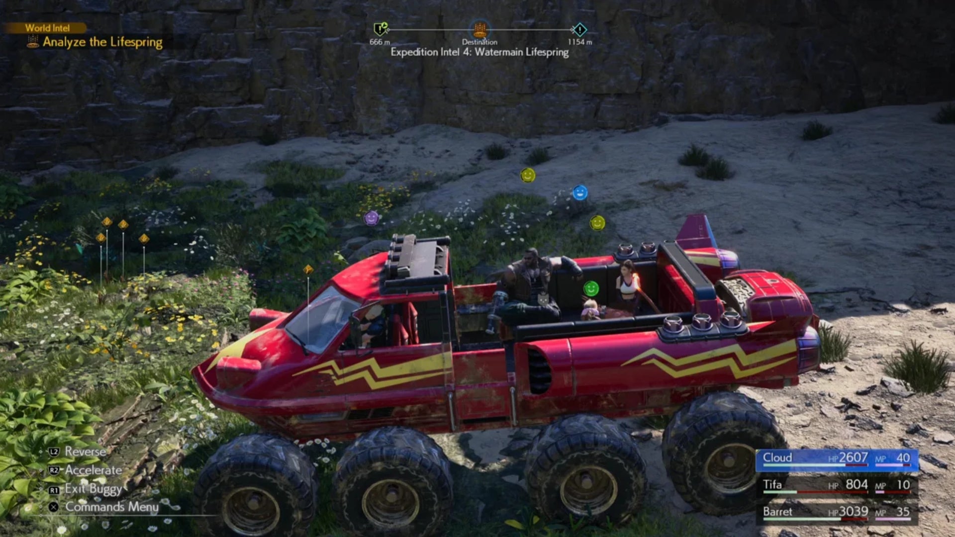 The cast of Final Fantasy 7 Rebirth rides in a buggy, with smiley faces displayed over their heads to represent their relationship affinity with Cloud. - 3