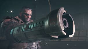 Barret, wielding his gun arm, in Final Fantasy VII Remake.