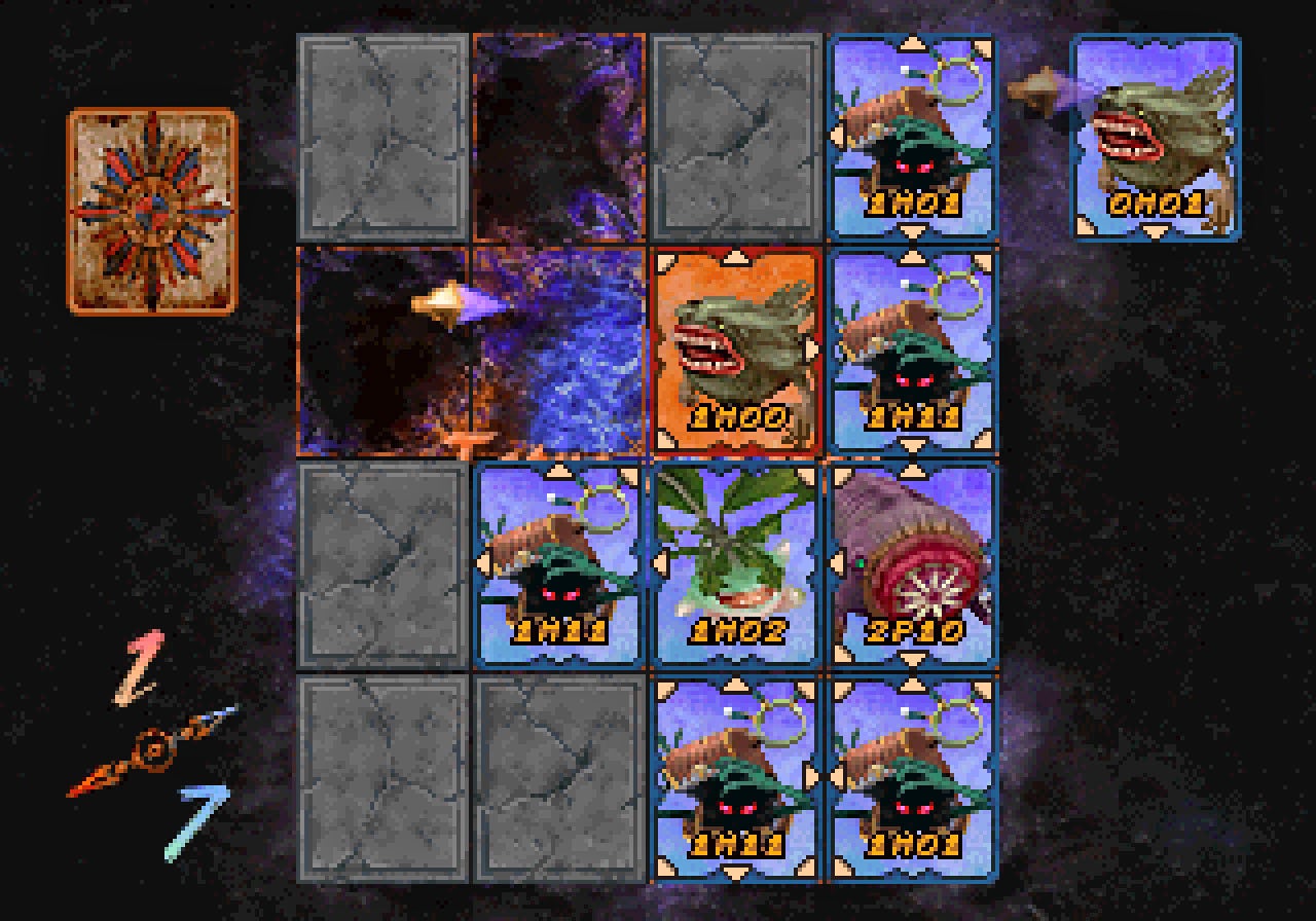 A screenshot of Final Fantasy 9&rsquo;s amazing Tetra Master minigame, where you place cards to flip those of your opponent.