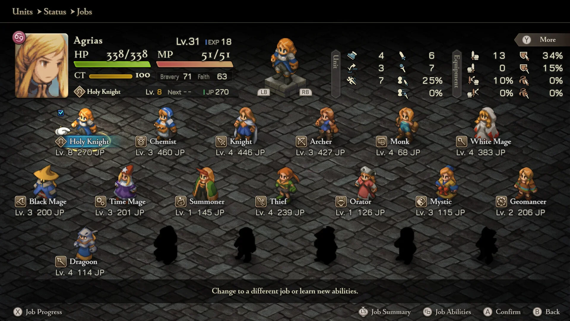 A screen showing all the jobs available in a menu in Final Fantasy Tactics: The Ivalice Chronicles.