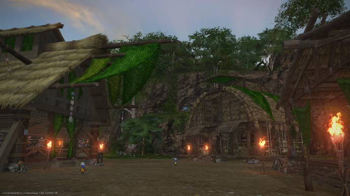 A nighttime view of a player’s ranch on the Island Sanctuary in Final Fantasy XIV