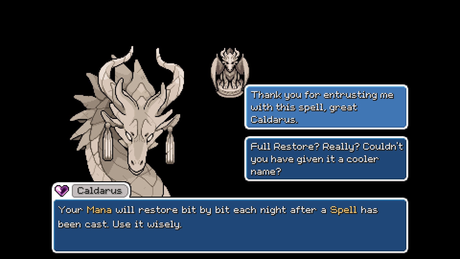 fields of mistria screenshot featuring a conversation with Caldarus, a stone dragon statue