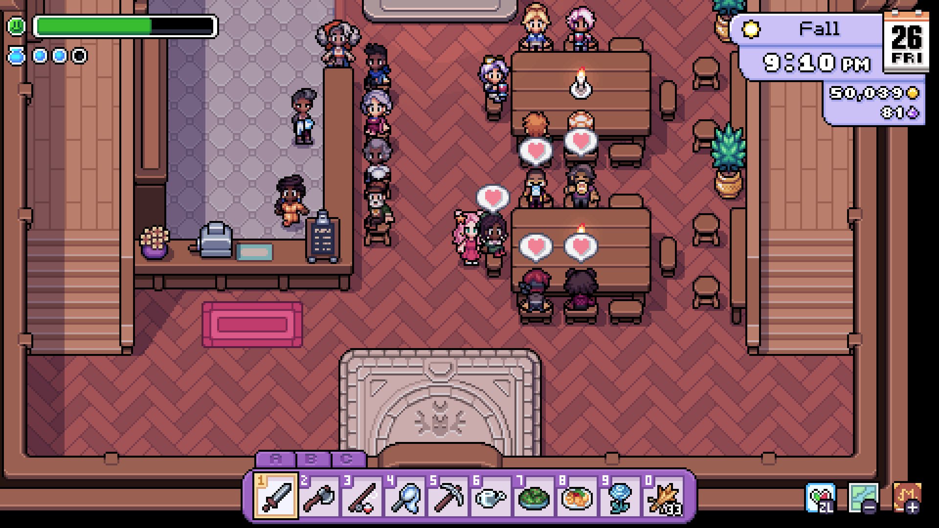 fields of mistria screenshot where the player character stands in the inn, listening to a conversation between several townspeople