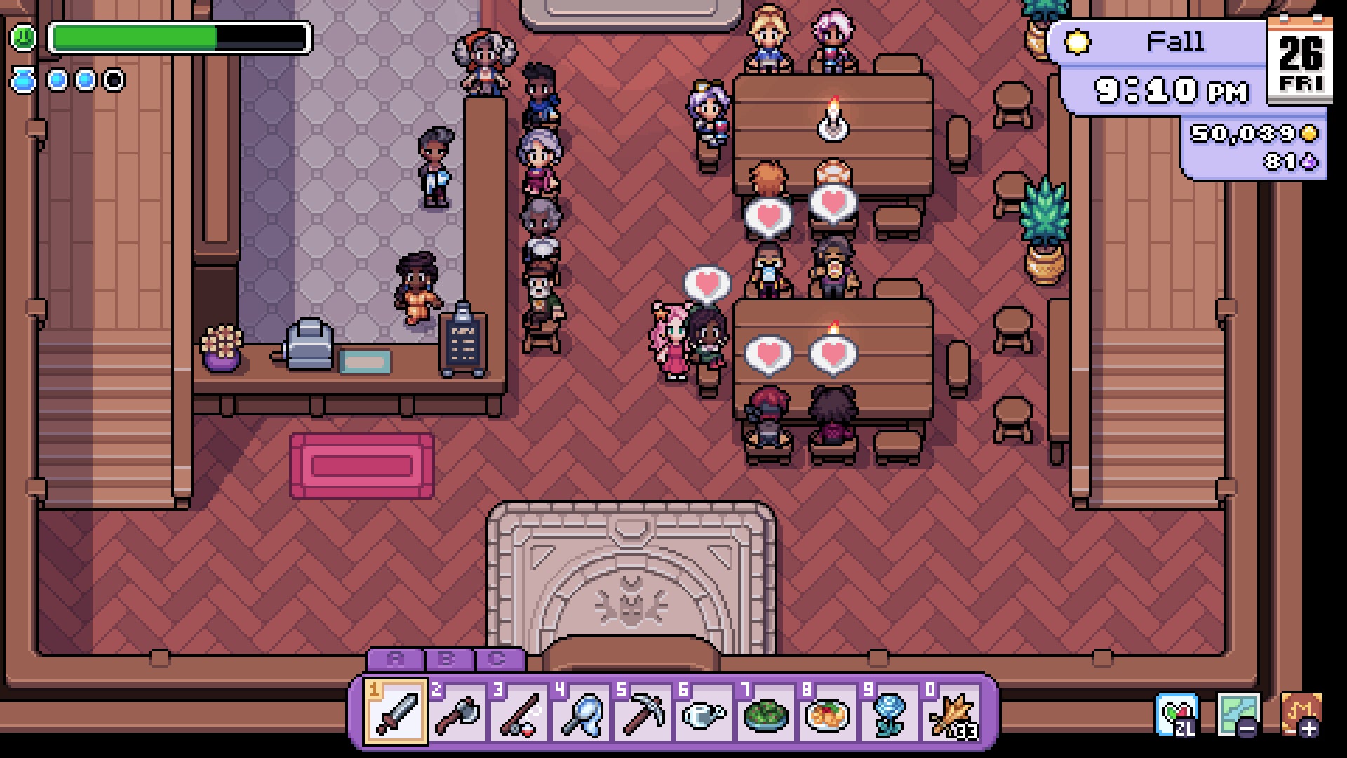 fields of mistria screenshot where the player character stands in the inn, listening to a conversation between several townspeople