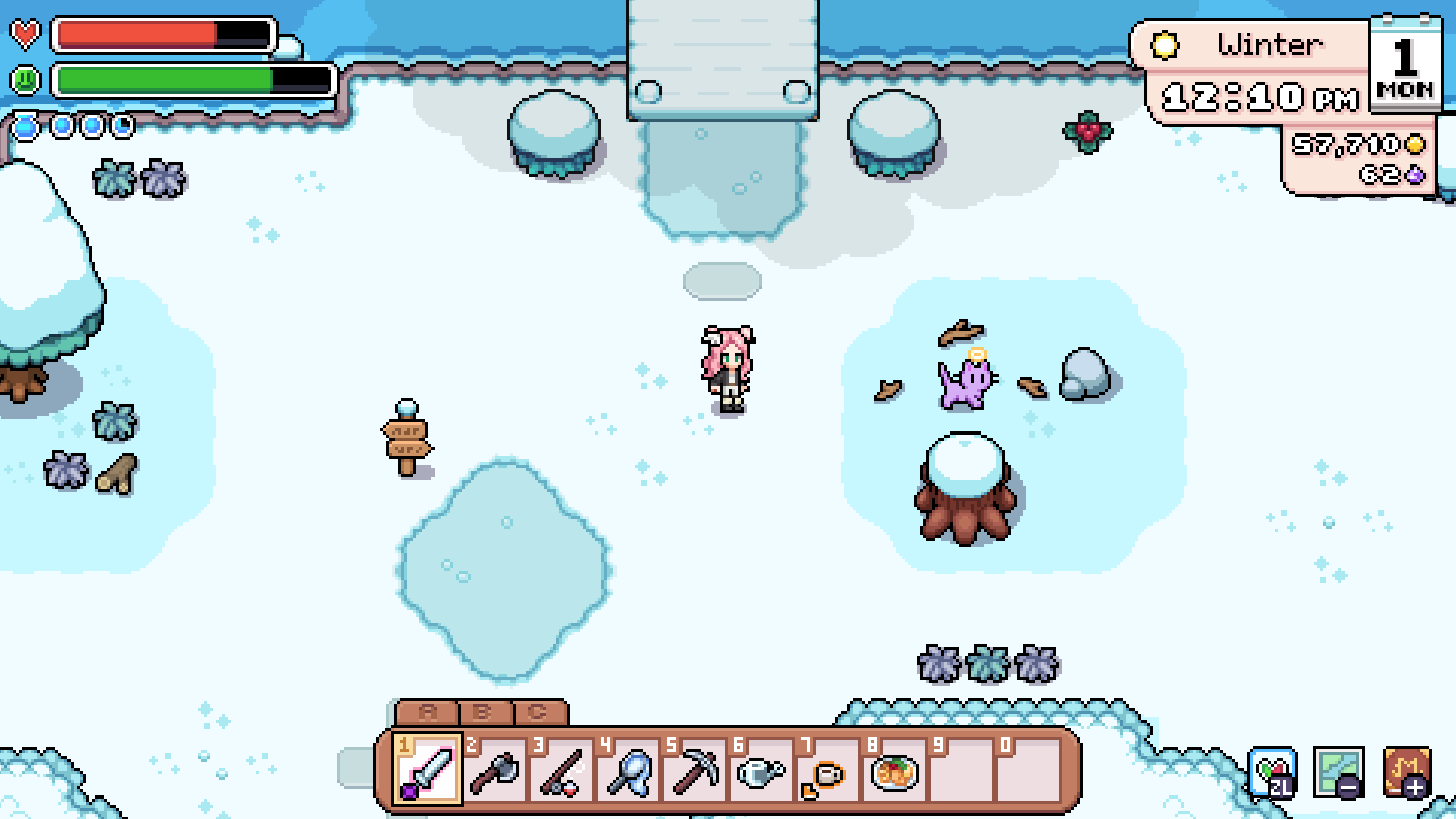 fields of mistria screenshot of a winter scene, with a purple cat foraging for rocks and twigs