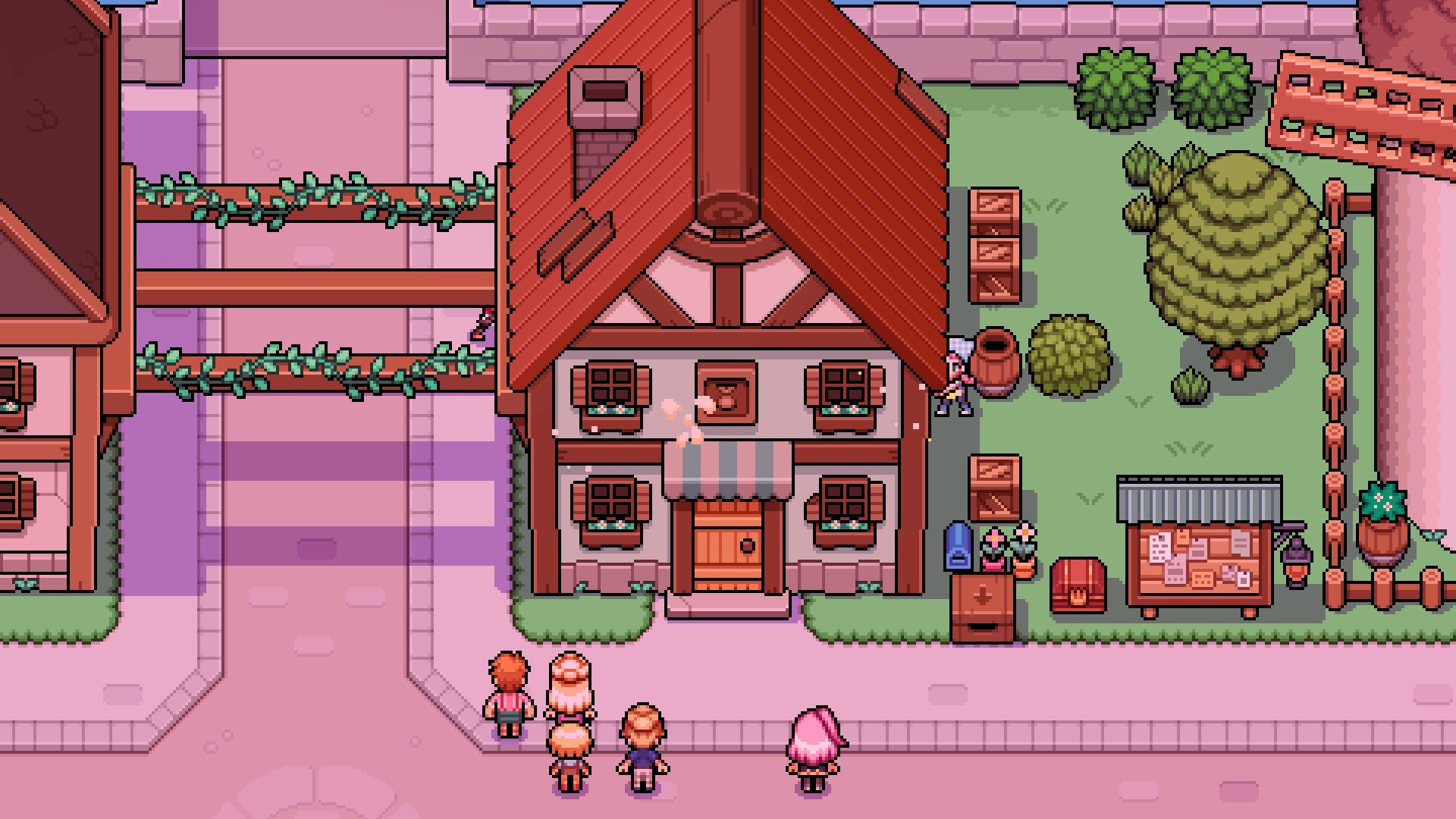 fields of mistria screenshot displaying the player character and the carpenter rebuilding the town general store, while people watch