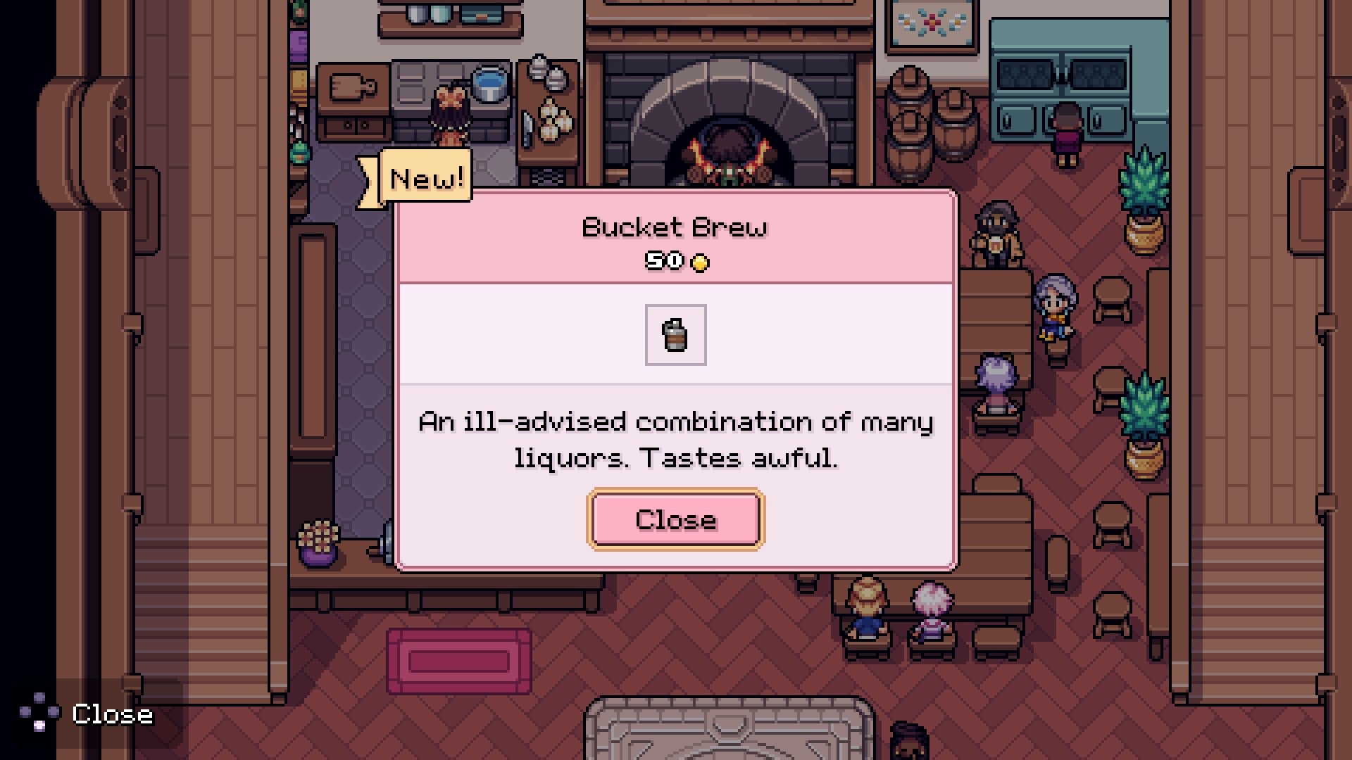 fields of mistria screenshot showing an item popup of bucket brew, a drink made from combining liquors
