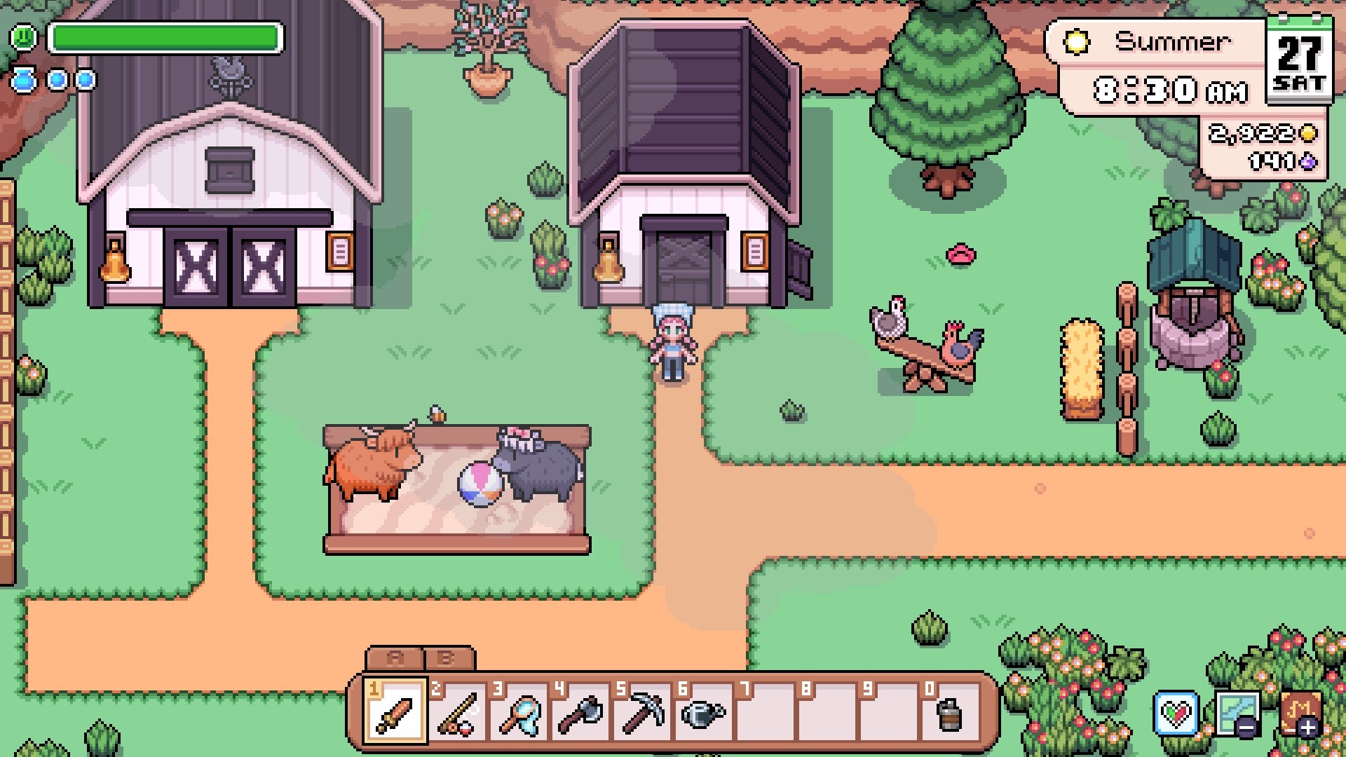 fields of mistria screenshot with a farm, in which there are cows playing with a ball and chickens playing on a seesaw