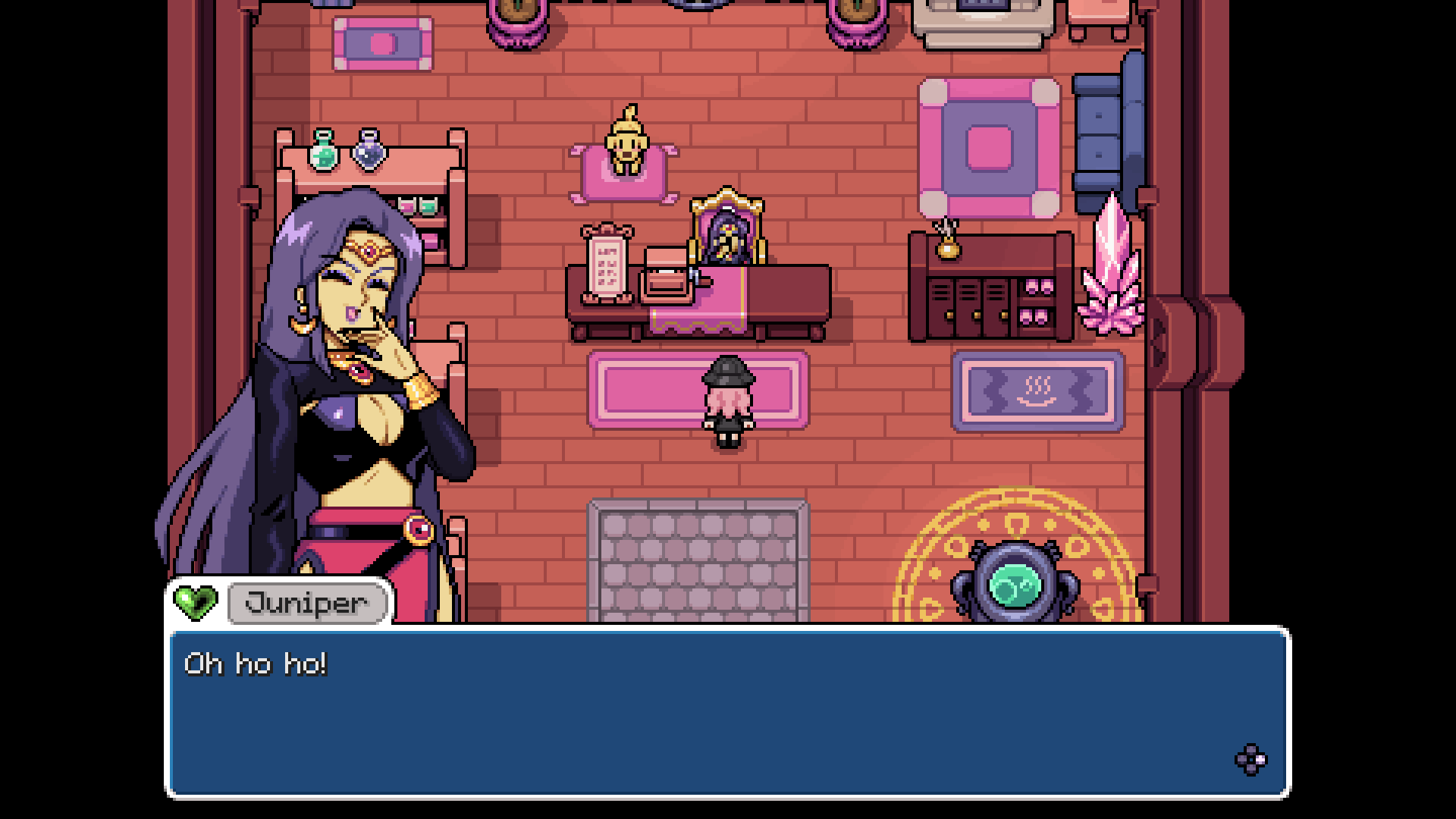 fields of mistria screenshot showing the character Juniper, laughing at the player character