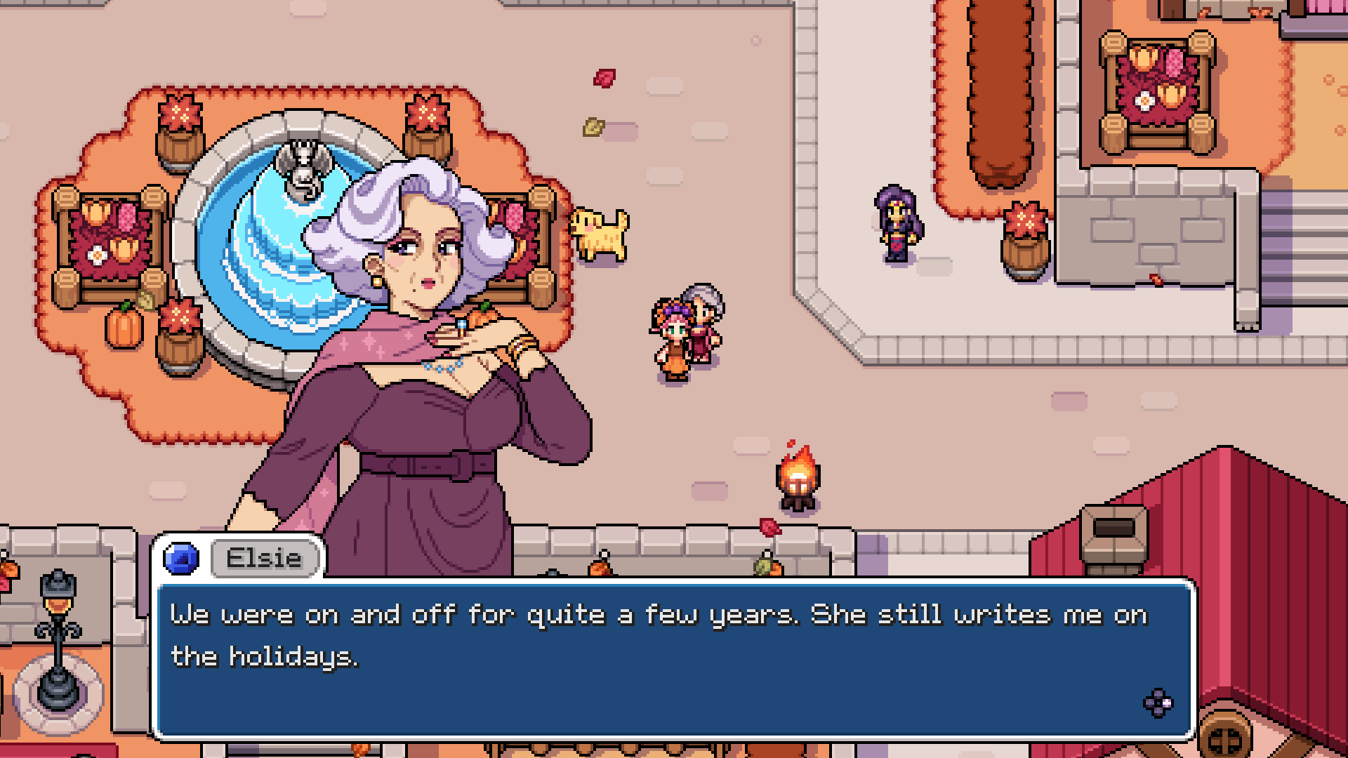 fields of mistria screenshot featuring Elsie, a town elder, talking to the player character during fall