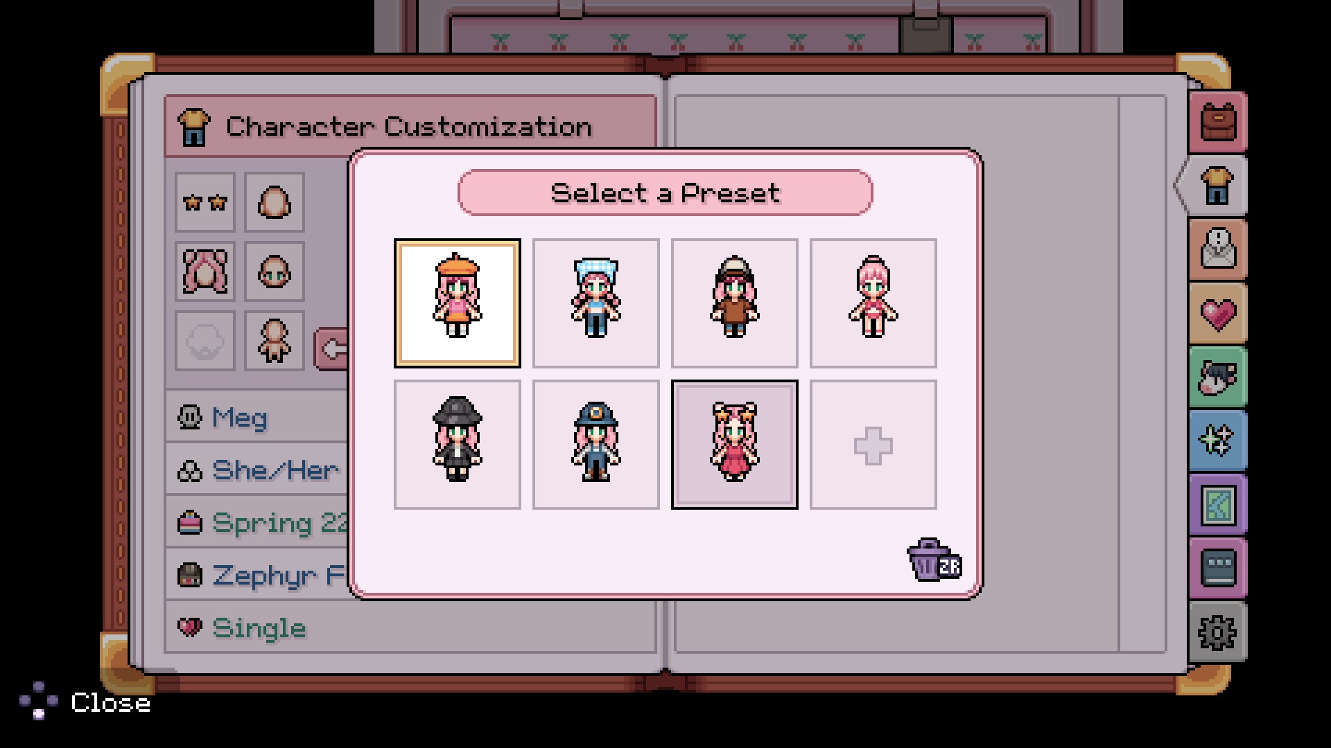 fields of mistria screenshot with several customisable outfit presets in a menu