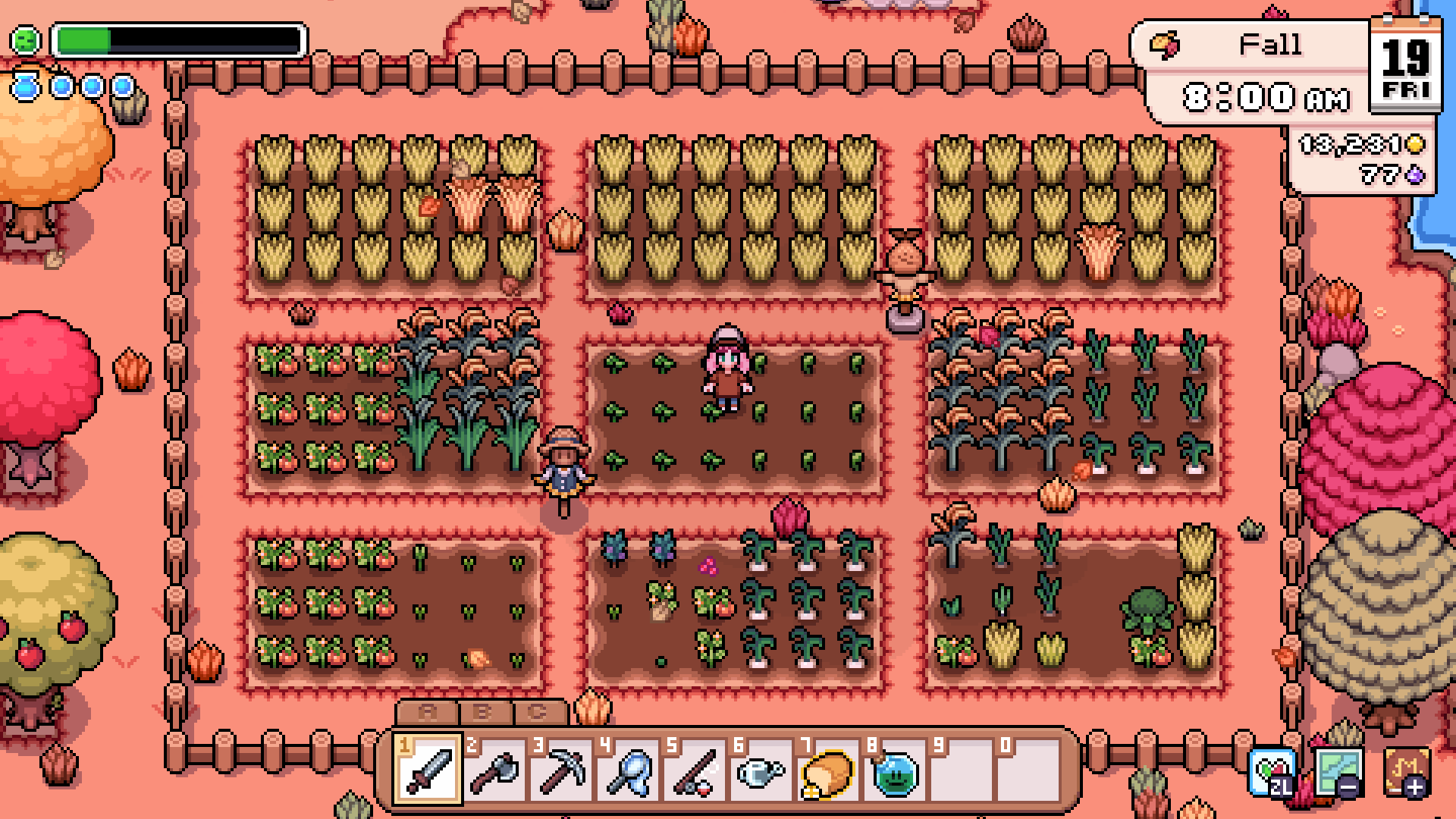fields of mistria screenshot where the farmer stands on a fall field full of crops