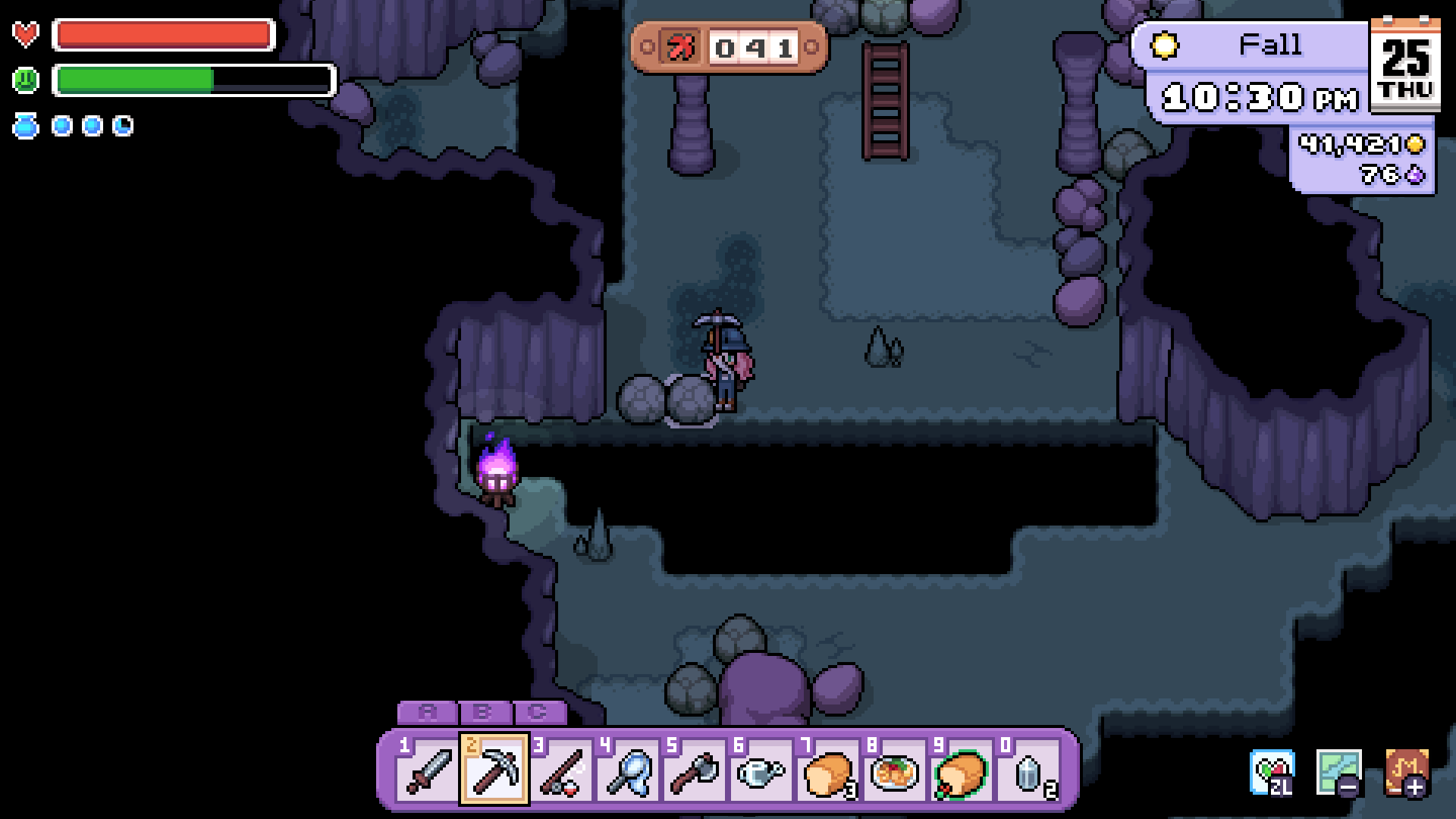 fields of mistria screenshot showing the player character mining underground, hitting a rock with a pickaxe