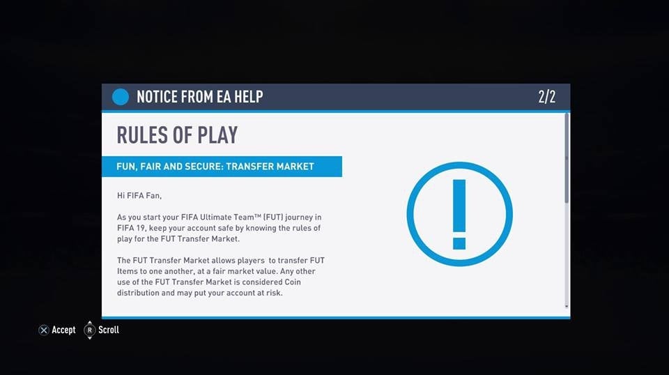 FIFA 19 in-game message warns FUT players against coin