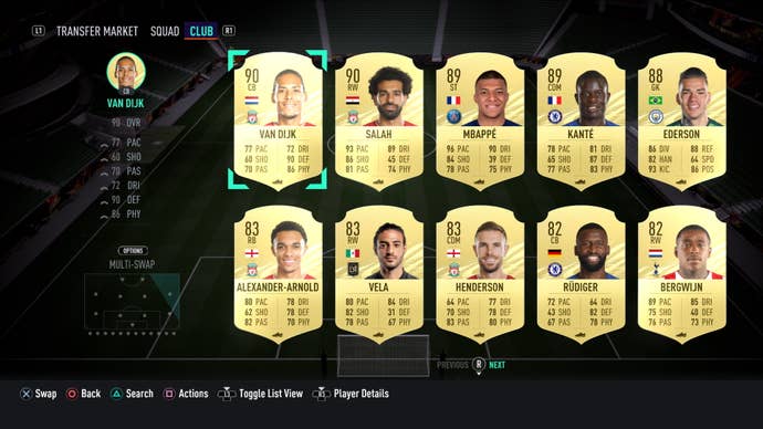 Player cards in a screenshot of Fifa 21’s Ultimate Team mode.