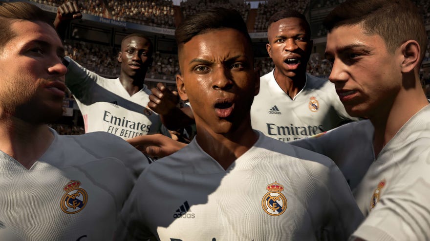 Footballers shouting in a Fifa 21 screenshot.