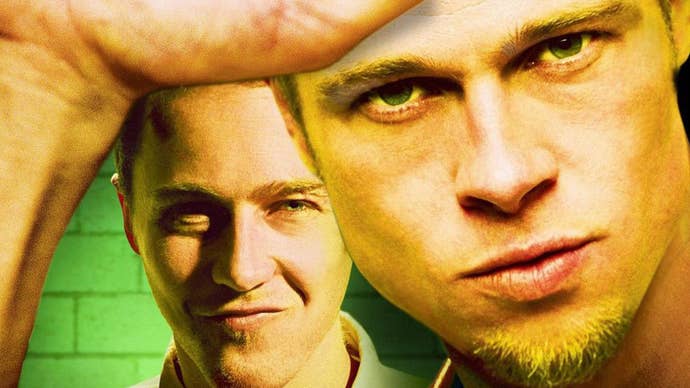 A poster for Fight Club showing Brad Pitt and Edward Norton staring intensely into the camera.
