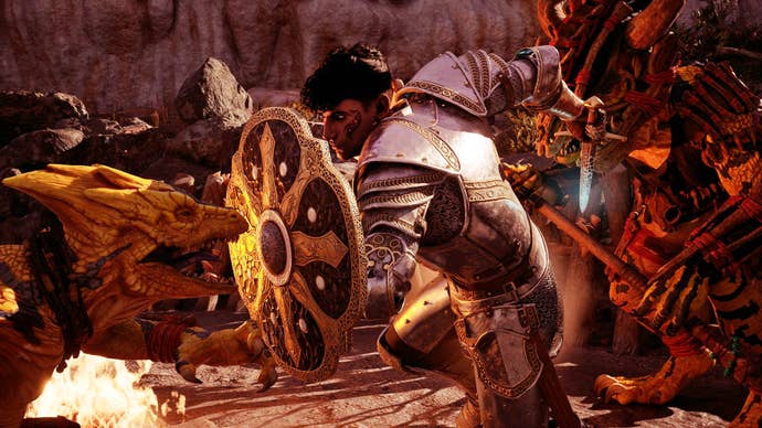 A Fighter in Avowed uses his shield to protect himself from oncoming xaurips.