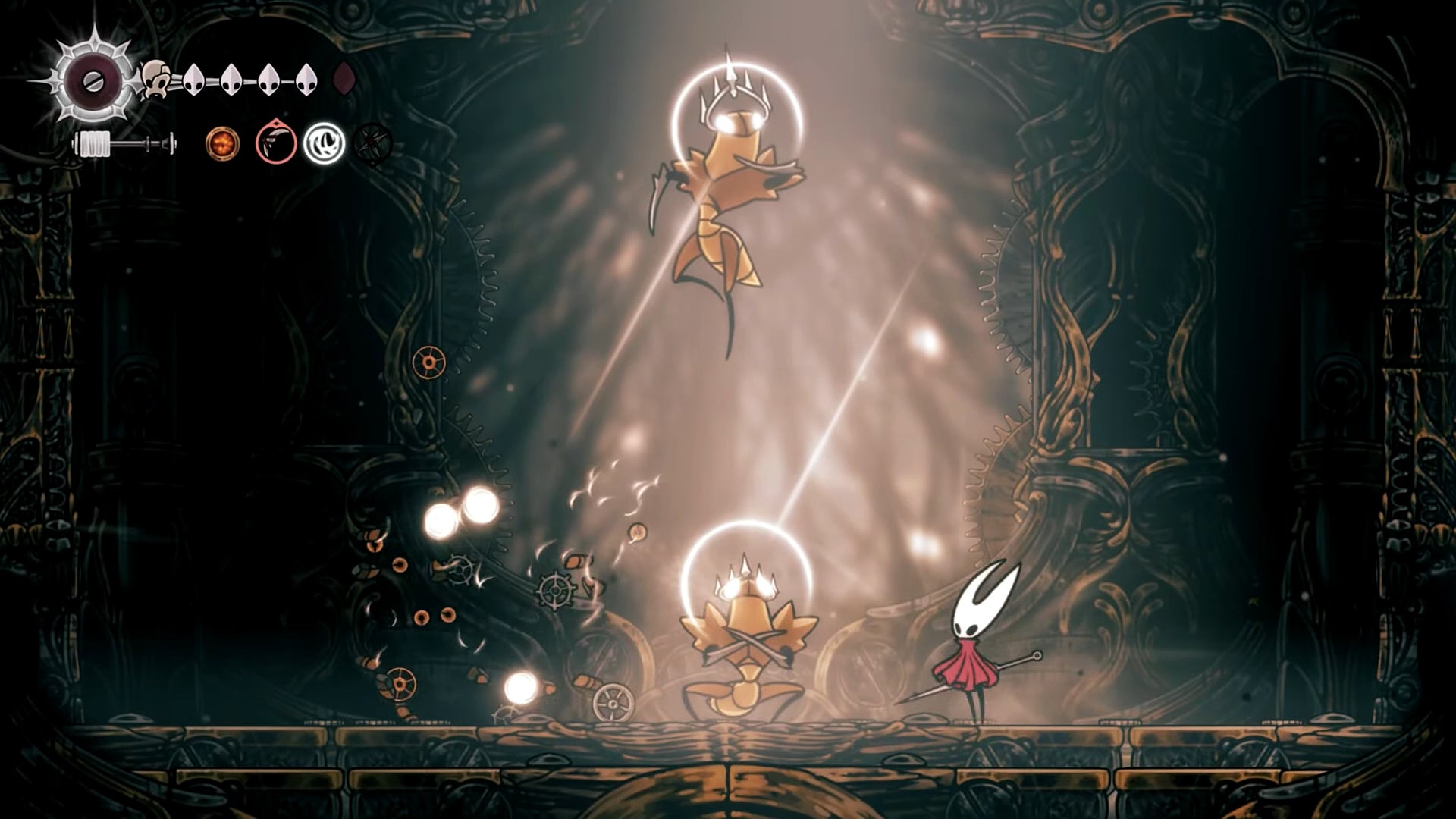 Hornet battles the Cogwork Dancers in Hollow Knight: Silksong, both of whom telegraph their upcoming dance moves via white strands. - 35