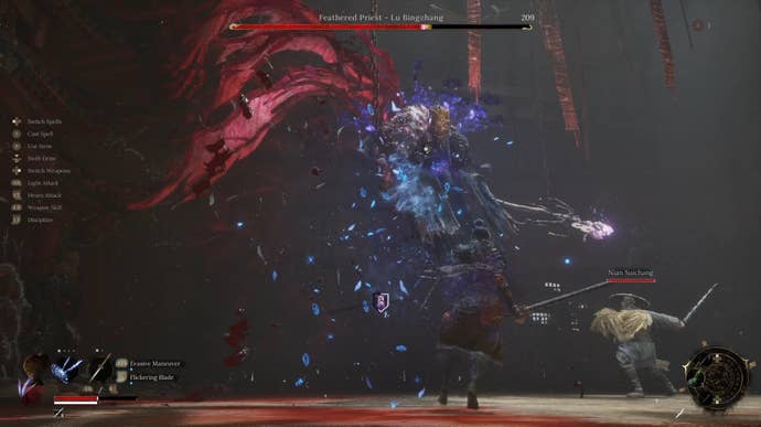 Wuchang and Nian Suichang fight the Feathered Prist, a flying hunched-over figure in this boss fight from Wuchang: Fallen Feathers.