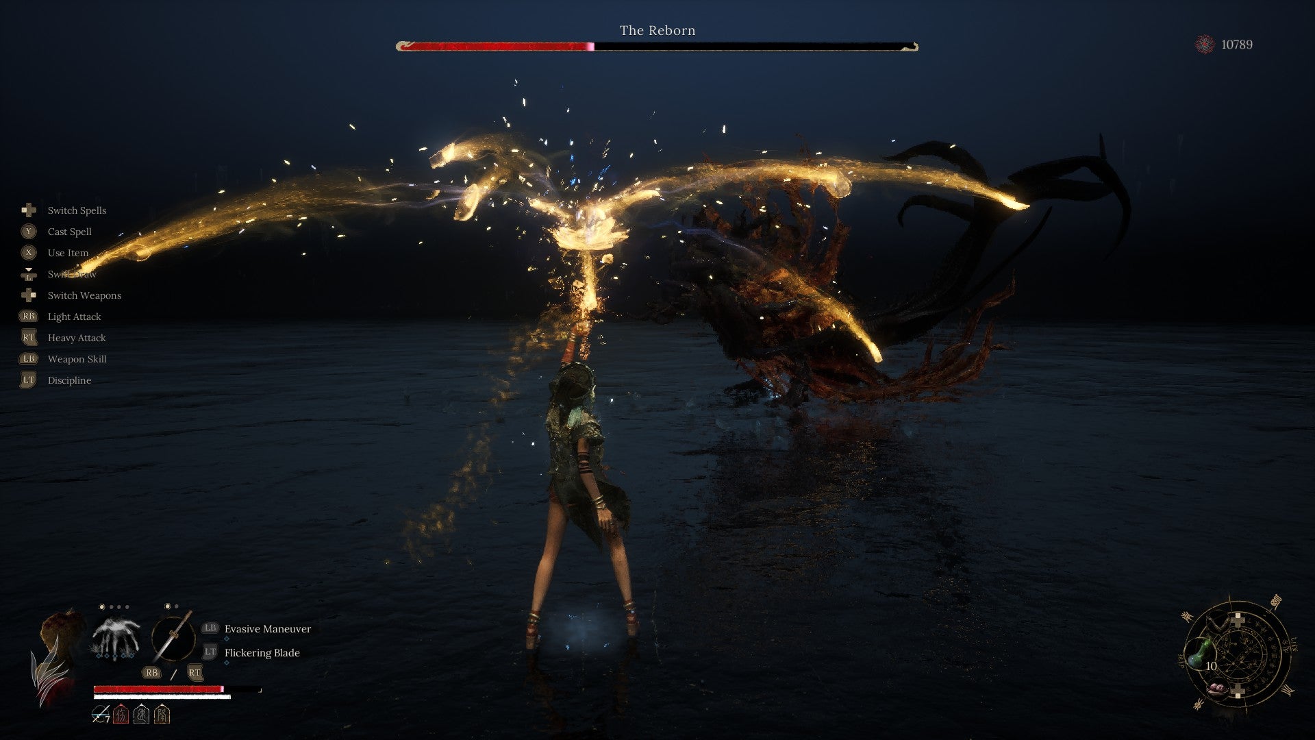 Wuchang activates the spell Lotus Soulflame against the Reborn boss in Wuchang Fallen Feathers. A mass of fiery blasts extend from her hand. - 5