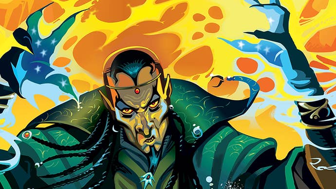 A colourful cover of Fighting Fantasy book Warlock of Firetop Mountain, with the aforementioned warlock wreathed in fire from a spell they’re casting.