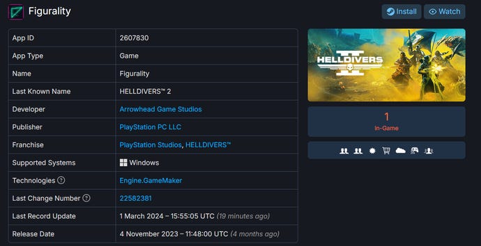 The Steam DB page for a game called Figurality, which has lots of fake information for Helldivers 2 on it
