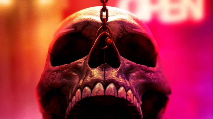 A skull that has a nose ring through its nose being pulled on by a metal chain in a poster for Final Destination: Bloodlines.