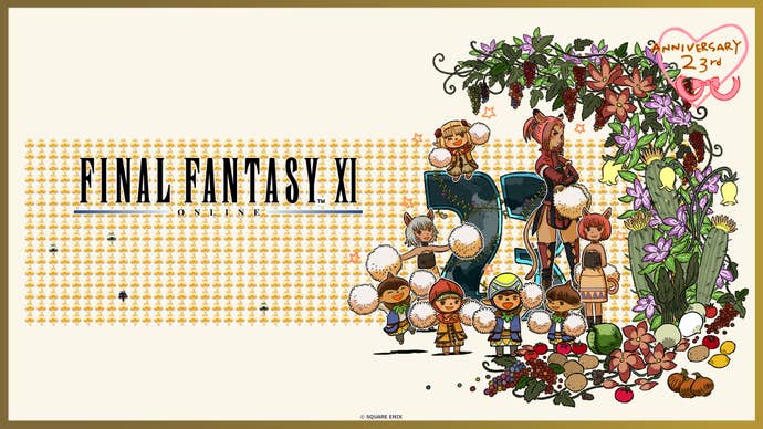 An illustration of Final Fantasy 11 characters commemorating the game's 23rd anniversary.