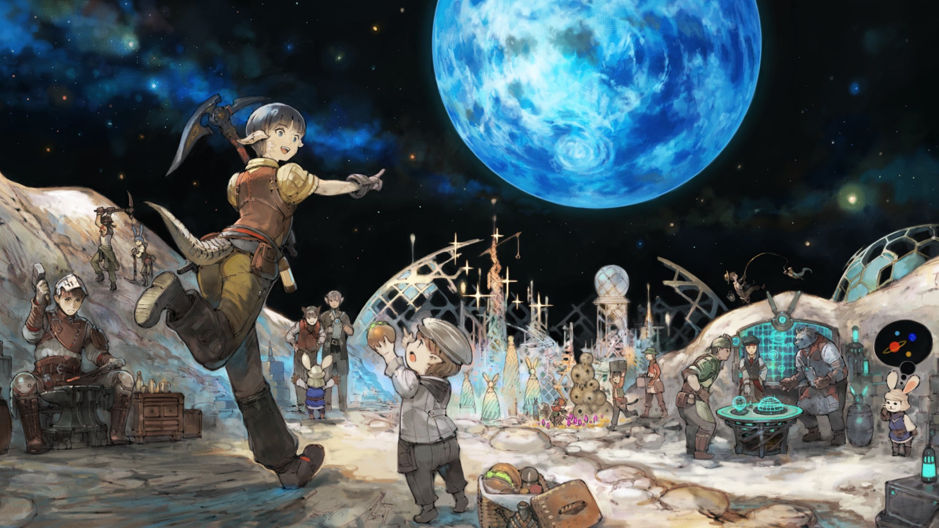 Artwork for Final Fantasy 14's Cosmic Exploration mode, showing characters working on the moon - 1