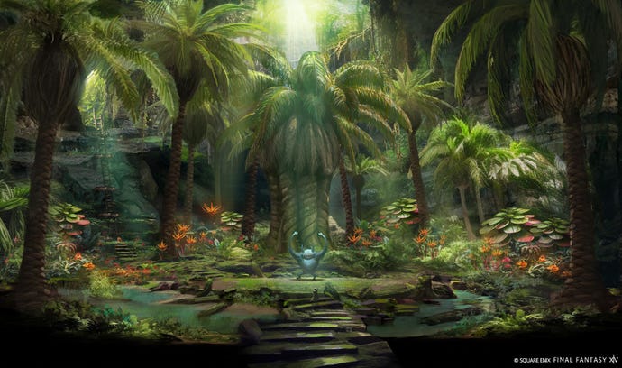 Sun pours between trees onto a monster with its arms raised in a rainforest-themed dungeon in Final Fantasy 14 expansion Dawntrail
