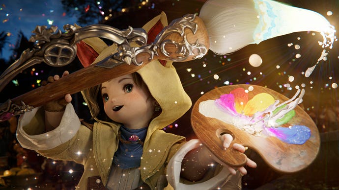 Final Fantasy 14 lalafell Krile waves a magical paintbrush around as new job Pictomancer
